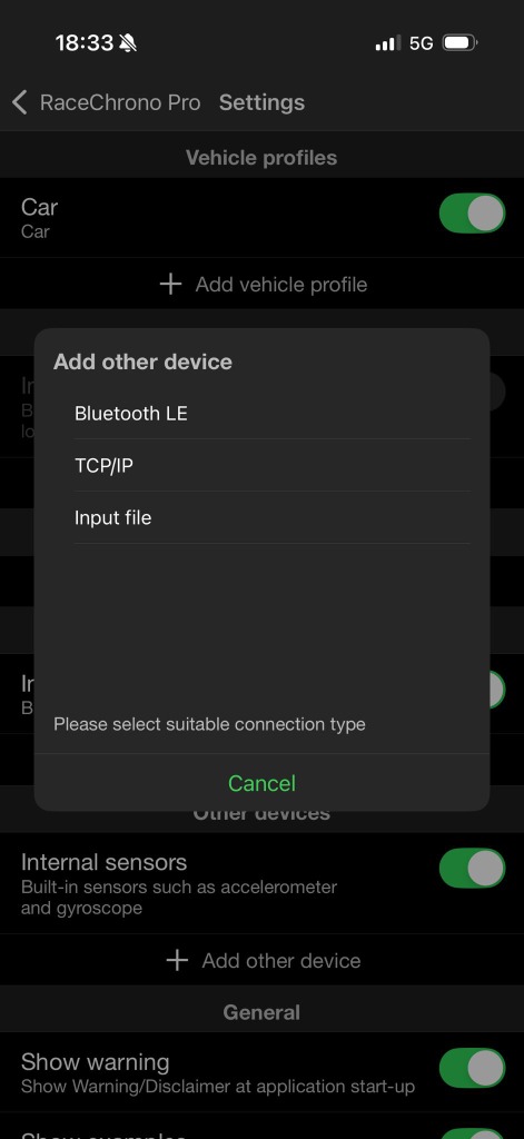 RaceChrono iOS Setup Step 4 - Connection Type